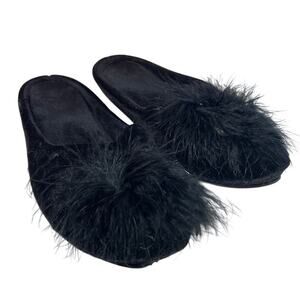 BCTEX COLL Womens Size 7/8 Black Cozy Velvet Faux Feather Memory Foam Slippers